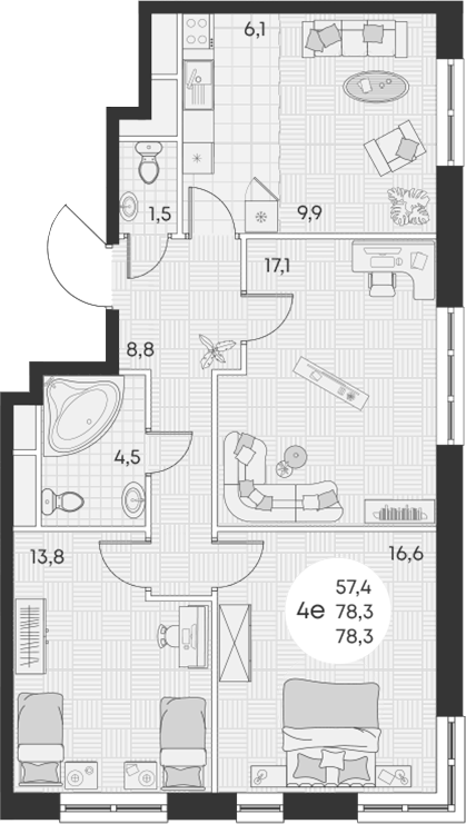4+ комнаты, 78.3 м², 7/17 этаж, ЖК «Грин Эппл»
