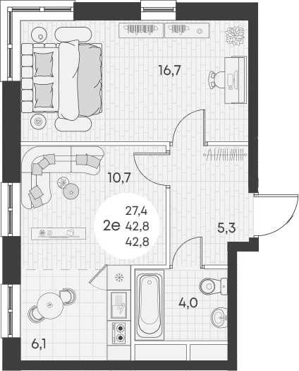 2-комн., 42.8 м², 8/15 этаж, ЖК «Грин Эппл»