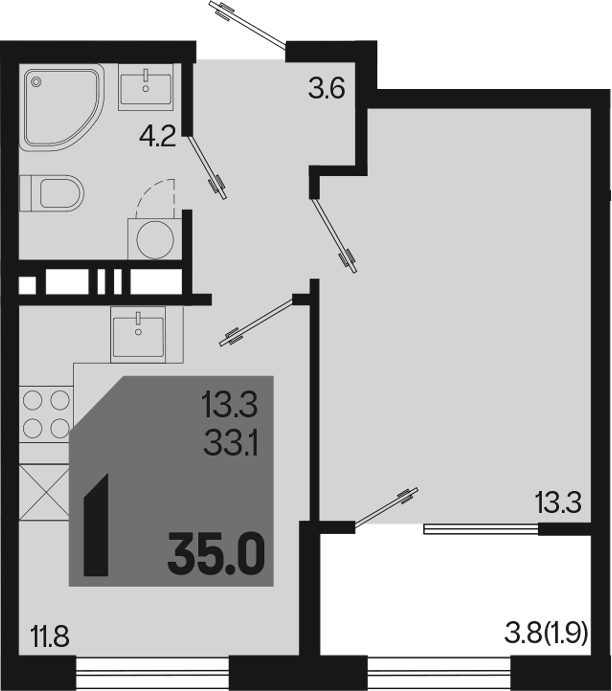1-комн., 33.1 м², 5/9 этаж, ЖК «Первое место»