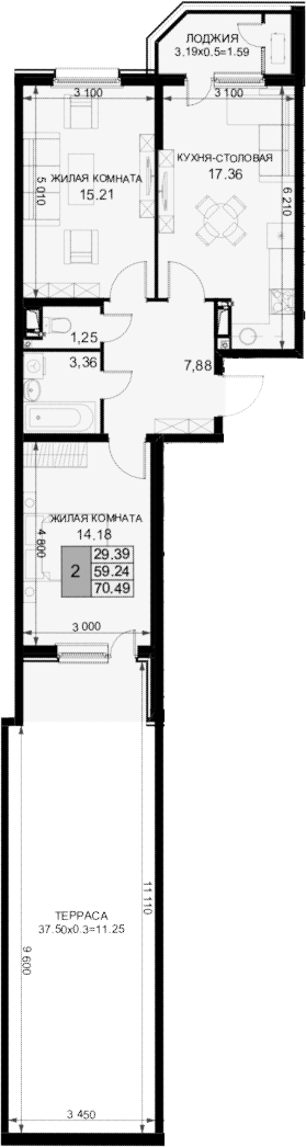 2-комн., 57.65 м², 3/18 этаж, ЖК «Фонтаны»