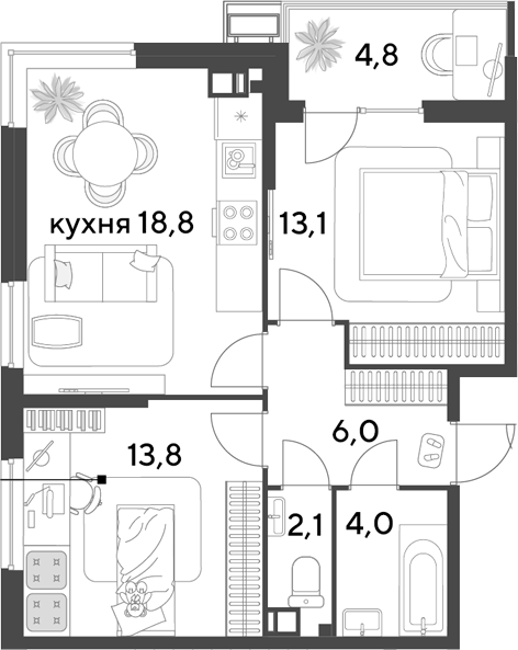 3-комн., 57.8 м², 3/18 этаж, ЖК «Парк Победы»