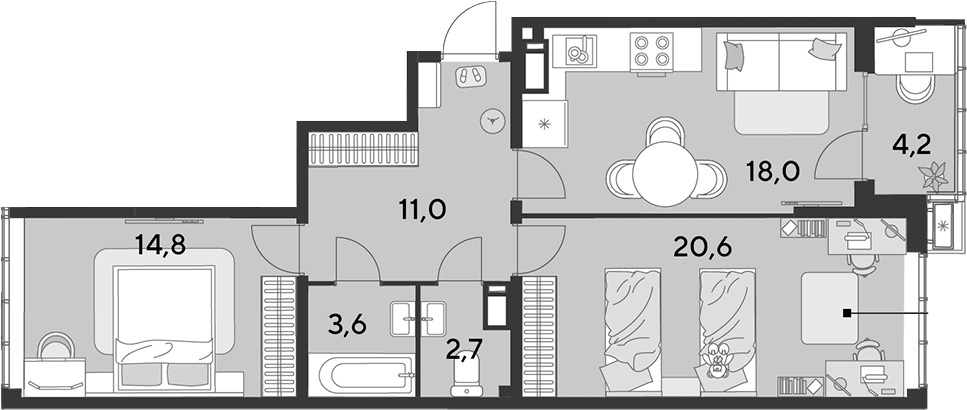 3-комн., 70.7 м², 17/18 этаж, ЖК «Парк Победы»