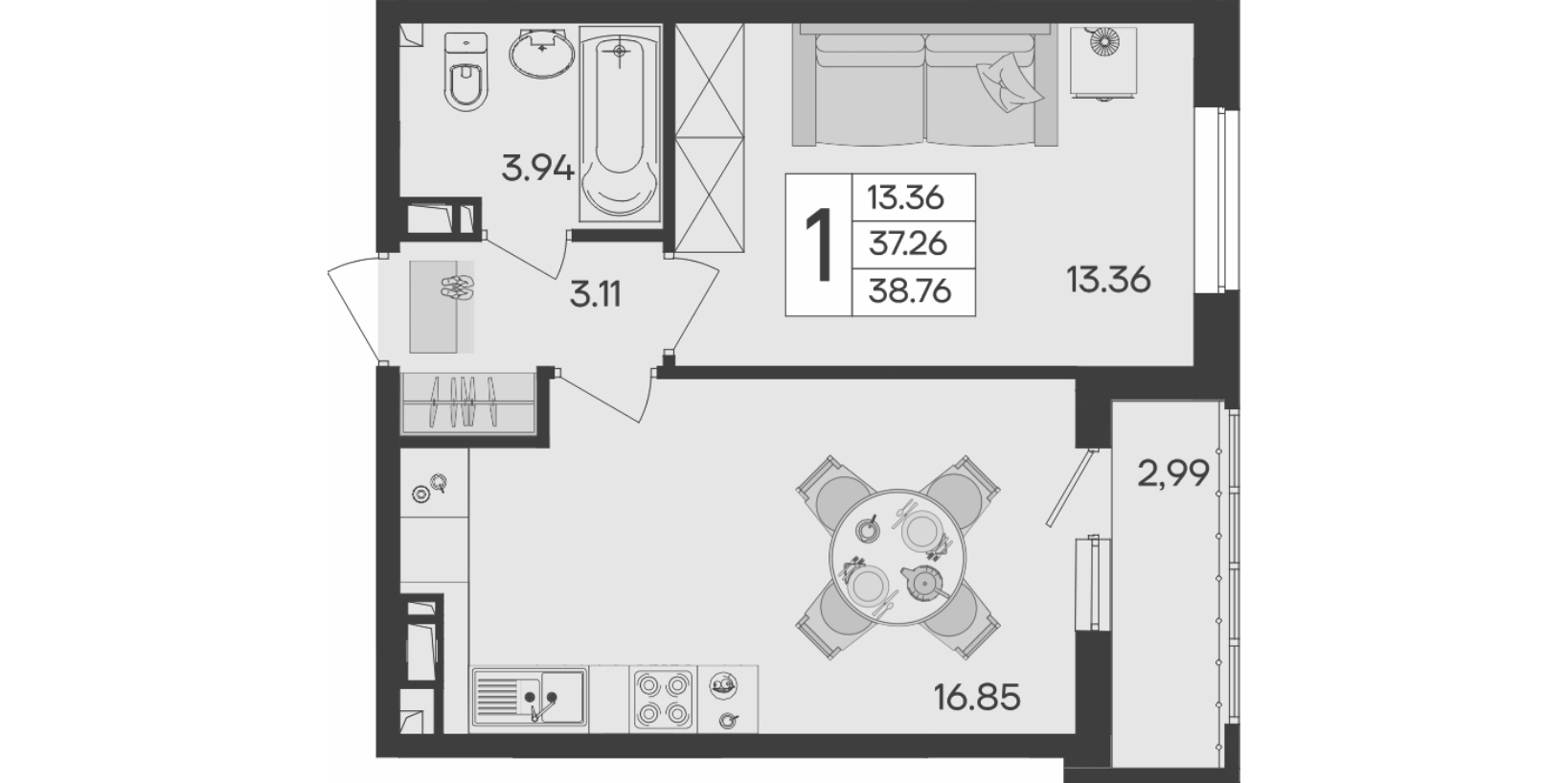 1-комн., 37.26 м², 4/9 этаж, ЖК «Дом 101»