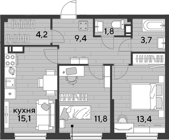 2-комн., 59.4 м², 11/19 этаж, ЖК «DОГМА ПАРК»