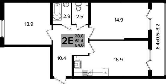 3-комн., 60.15 м², 2/16 этаж, ЖК «Сармат»