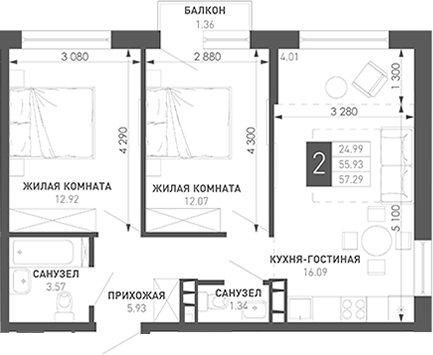 2-комн. Иначе в Молодежном