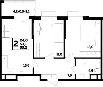 2-комн., 53.1 м², 14/16 этаж, ЖК «МегаСити»