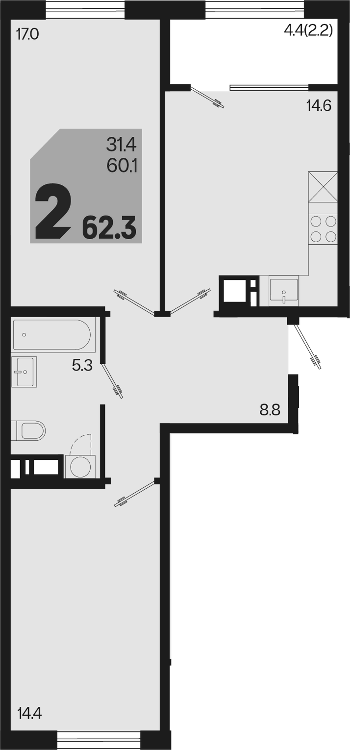 2-комн., 60.1 м², 5/9 этаж, ЖК «Первое место»