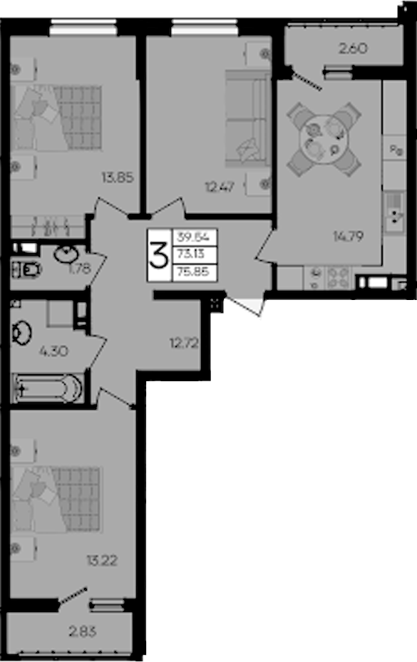 3-комн., 73.13 м², 8/9 этаж, ЖК «Дом 101»