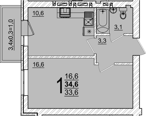 1-комн., 33.6 м², 5/5 этаж, ЖК «Дарград»
