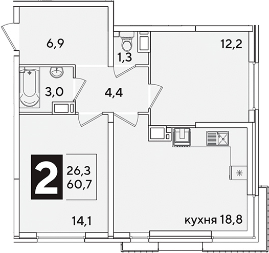 3-комн., 60.7 м², 13/16 этаж, ЖК «Самолет»