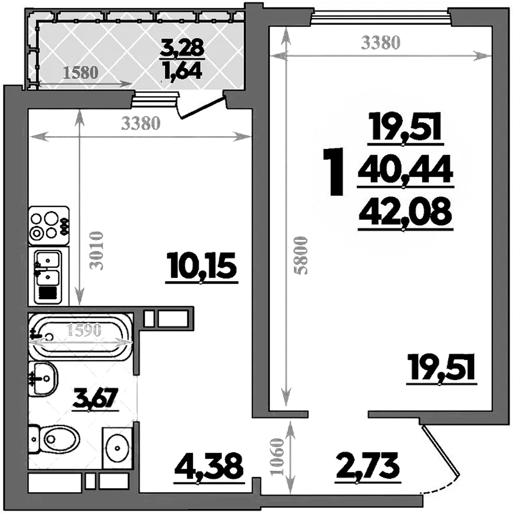 1-комн., 40.44 м², 3/9 этаж, ЖК «Предгорье Лаго-Наки»