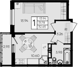 1-комн., 31.78 м², 9/9 этаж, ЖК «Дом 101»