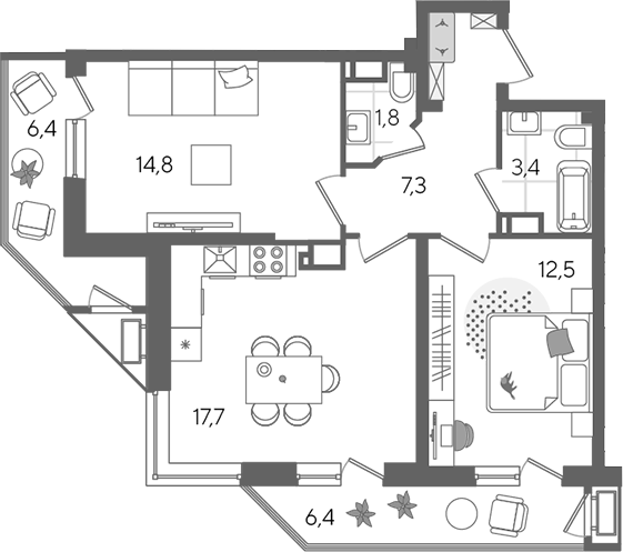 3-комн., 57.5 м², 11/24 этаж, ЖК «Рекорд»