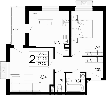 2-комн., 54.94 м², 2/16 этаж, ЖК «Эпос»