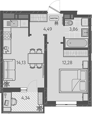 1-комн., 34.76 м², 9/16 этаж, ЖК «Теплые края»