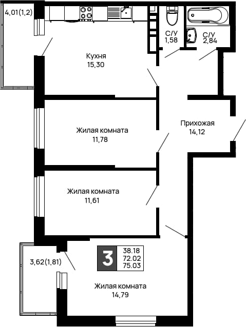 3-комн., 72.02 м², 16/16 этаж, ЖК «Долина»