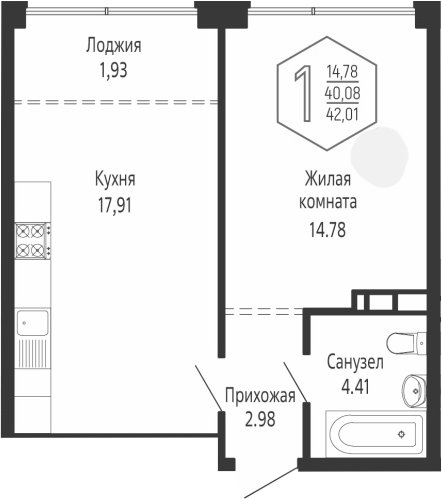 1-комн., 40.08 м², 10/24 этаж, ЖК «Гарантия PRIME»