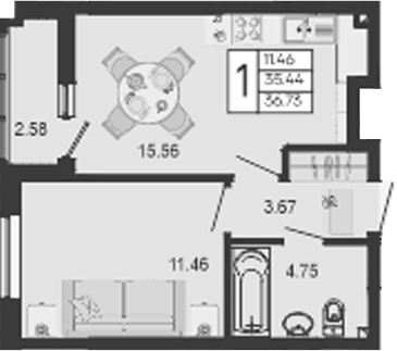 Продается 1-комн. квартира, 35.44 м²
