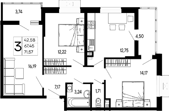 3-комн., 67.45 м², 2/16 этаж, ЖК «Эпос»