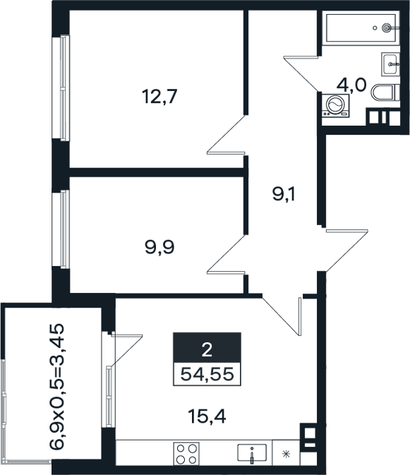 2-комн., 51.1 м², 2/4 этаж, ЖК «Новая Елизаветка»