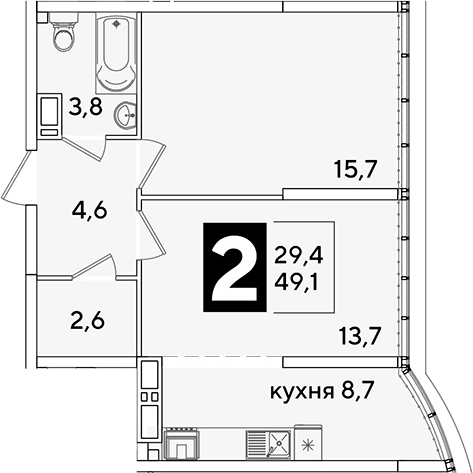 Продается 2-комн. квартира, 49.1 м²