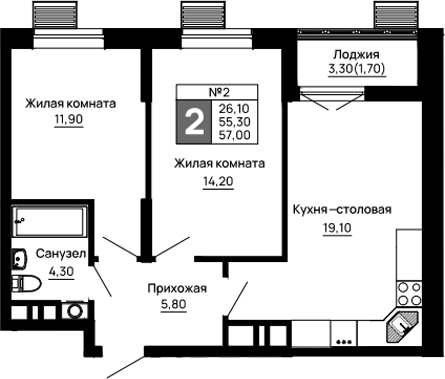 2-комн., 55.3 м², 6/16 этаж, ЖК «Традиции»