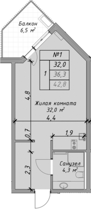 Студия, 36.3 м², 1/4 этаж, ЖК «Оазис Азова»