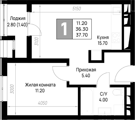 1-комн., 36.3 м², 2/9 этаж, ЖК «На высоком берегу»