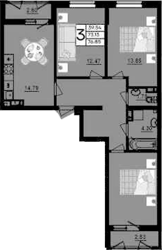 3-комн., 73.13 м², 3/9 этаж, ЖК «Дом 101»