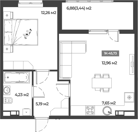 1-комн., 42.29 м², 5/5 этаж, ЖК «Соловей»