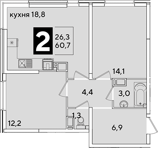 3-комн., 60.7 м², 13/16 этаж, ЖК «Самолет»