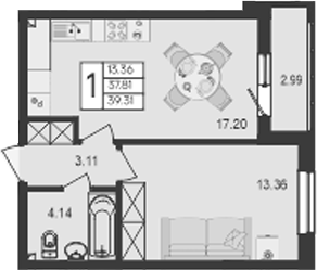 1-комн., 37.81 м², 2/9 этаж, ЖК «Дом 101»
