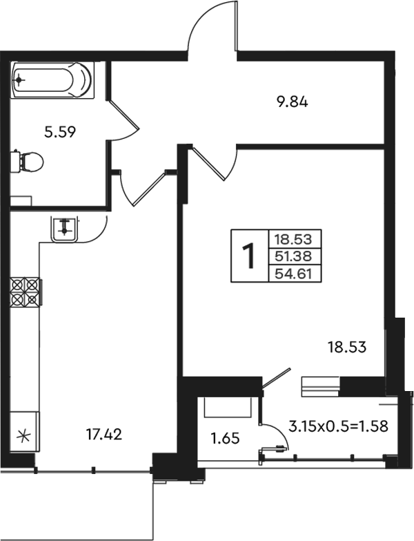 1-комн., 51.38 м², 1/10 этаж, ЖК «Эндемик»