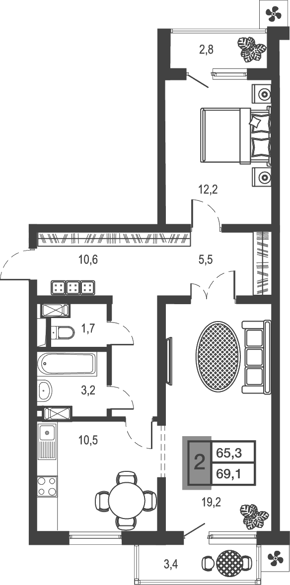 2-комн., 62.88 м², 13/19 этаж, ЖК «Дом у озера»