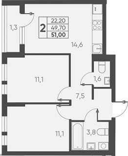 Продается 2-комн. квартира, 49.7 м²