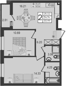 2-комн., 54.74 м², 2/18 этаж, ЖК «Дом 101»