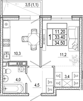 1-комн., 33.4 м², 2/17 этаж, ЖК «Лестория»