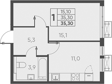 1-комн., 35.3 м², 5/24 этаж, ЖК «Барса»