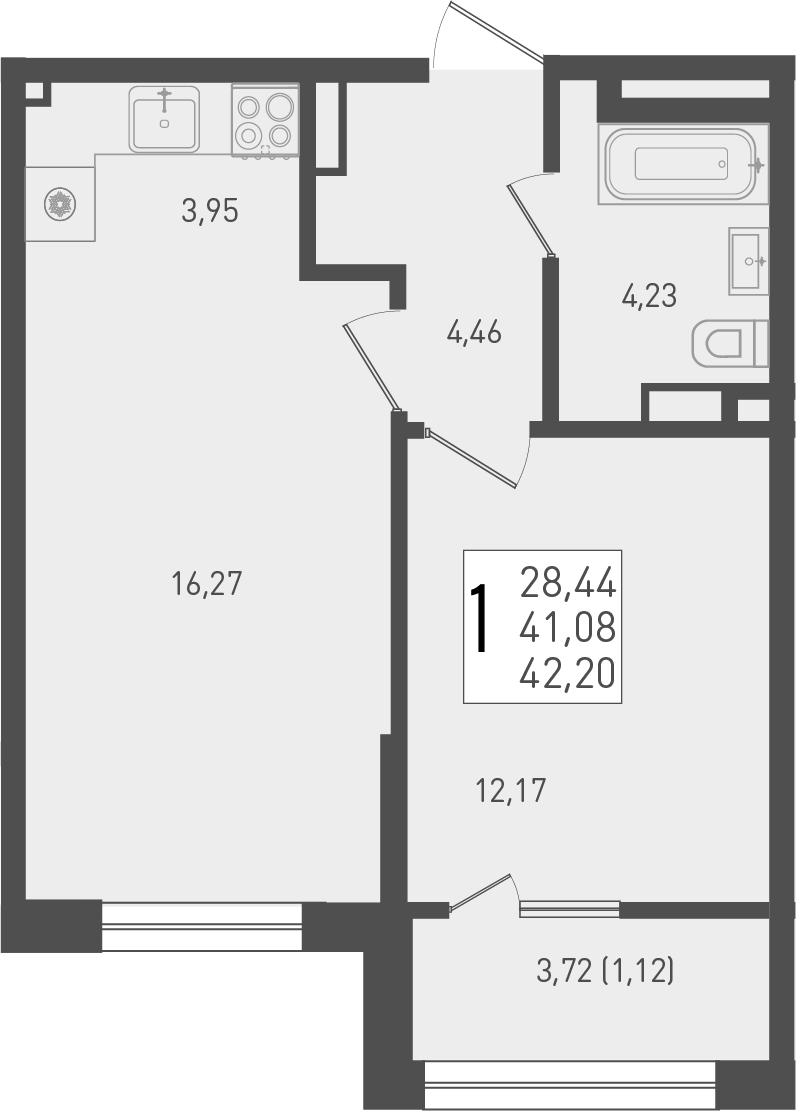 2-комн., 41.08 м², 5/9 этаж, ЖК «Югге»