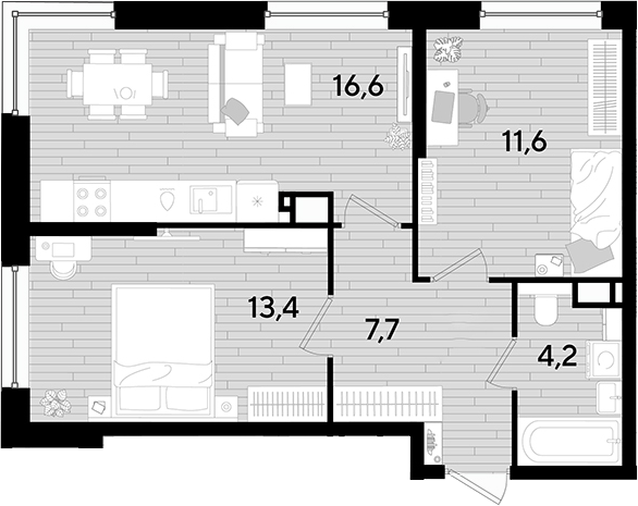 2-комн., 53.5 м², 13/16 этаж, ЖК «DОГМА ПАРК»