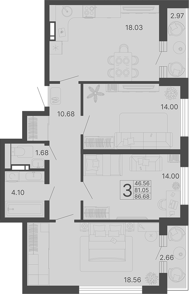 3-комн., 81.05 м², 2/20 этаж, ЖК «Светский лес»