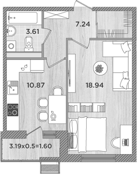 1-комн., 40.66 м², 6/8 этаж, ЖК «Сады у моря»