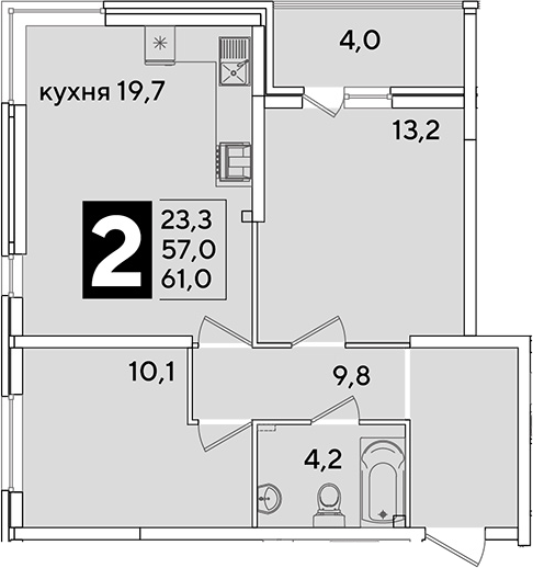 3-комн., 57 м², 2/16 этаж, ЖК «Самолет»