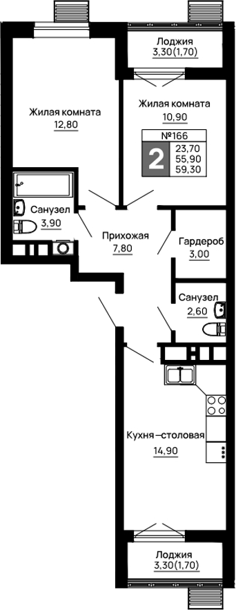 Продается 2-комн. квартира, 55.9 м²