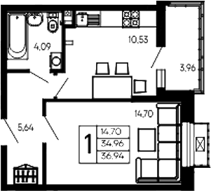 Продается 1-комн. квартира, 34.96 м²