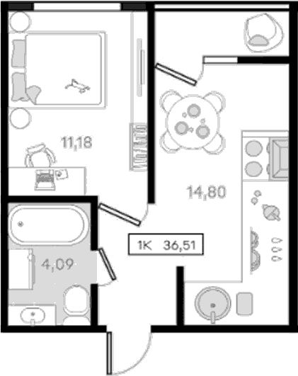 1-комн., 34.98 м², 1/8 этаж, ЖК «История 3»