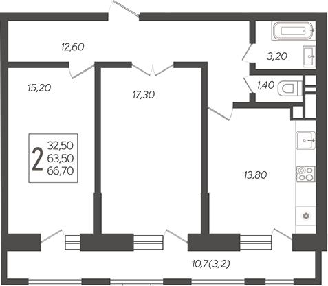 2-комн., 64.61 м², 5/12 этаж, ЖК «Небо»