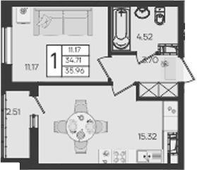 1-комн., 34.71 м², 4/18 этаж, ЖК «Дом 101»