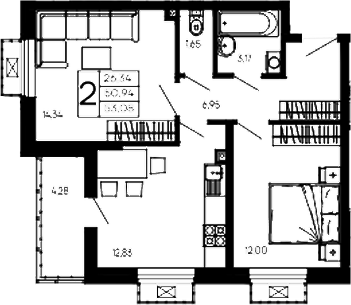 2-комн., 50.94 м², 2/14 этаж, ЖК «Эпос»